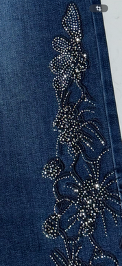Jeans large strass fleurs