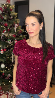 T-shirt velours sequins - bordeaux