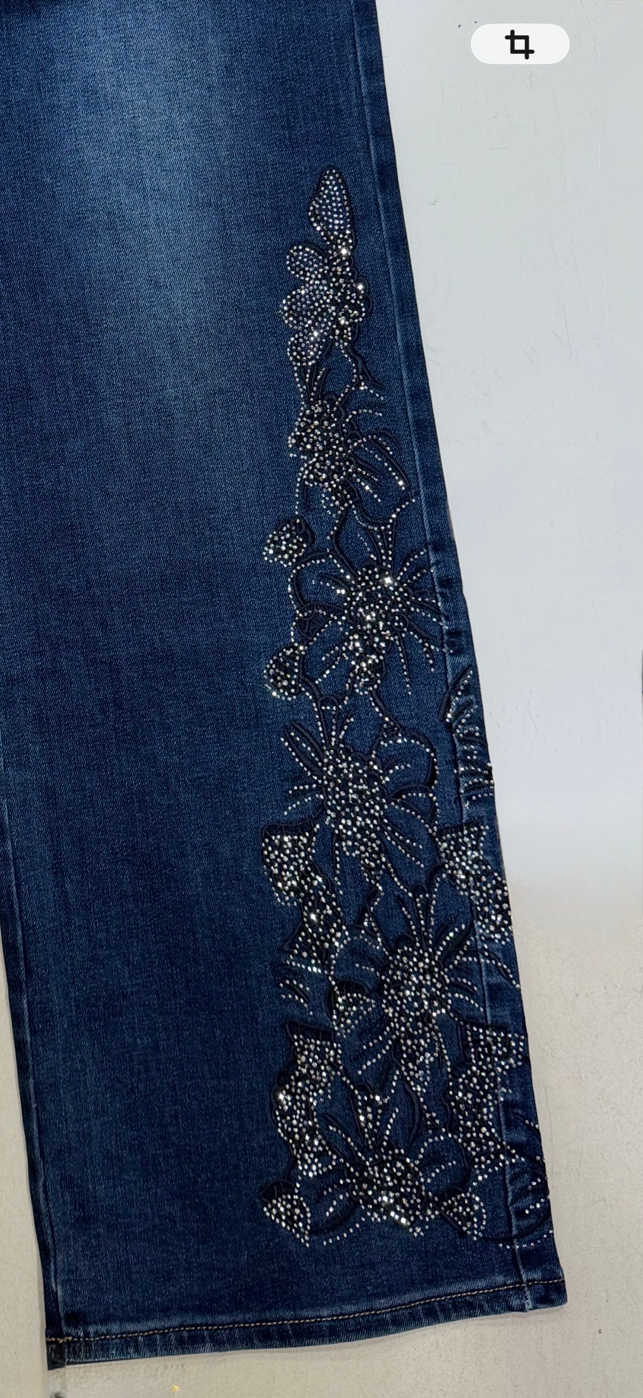 Jeans large strass fleurs