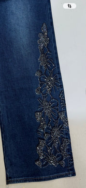 Jeans large strass fleurs