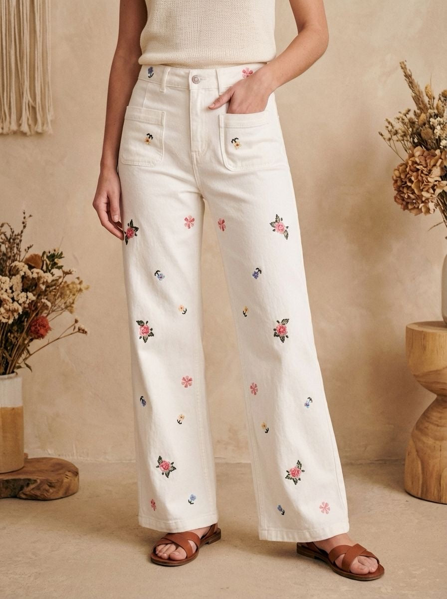 Jeans brodé fleurs - blanc