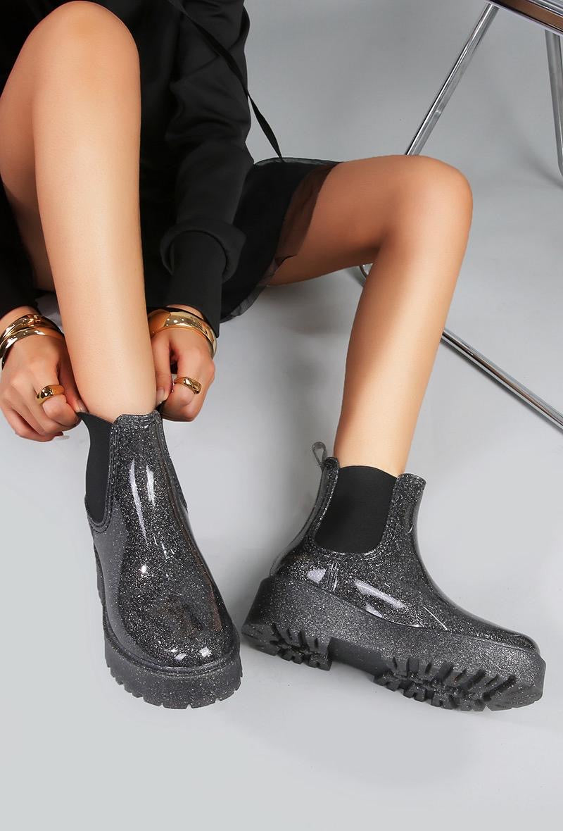 Bottines Vernis Pailletées Noires à Semelle Épaisse