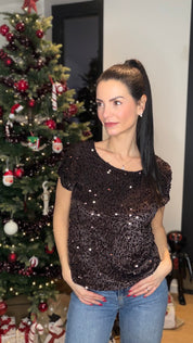 T-shirt velours sequins - Brun