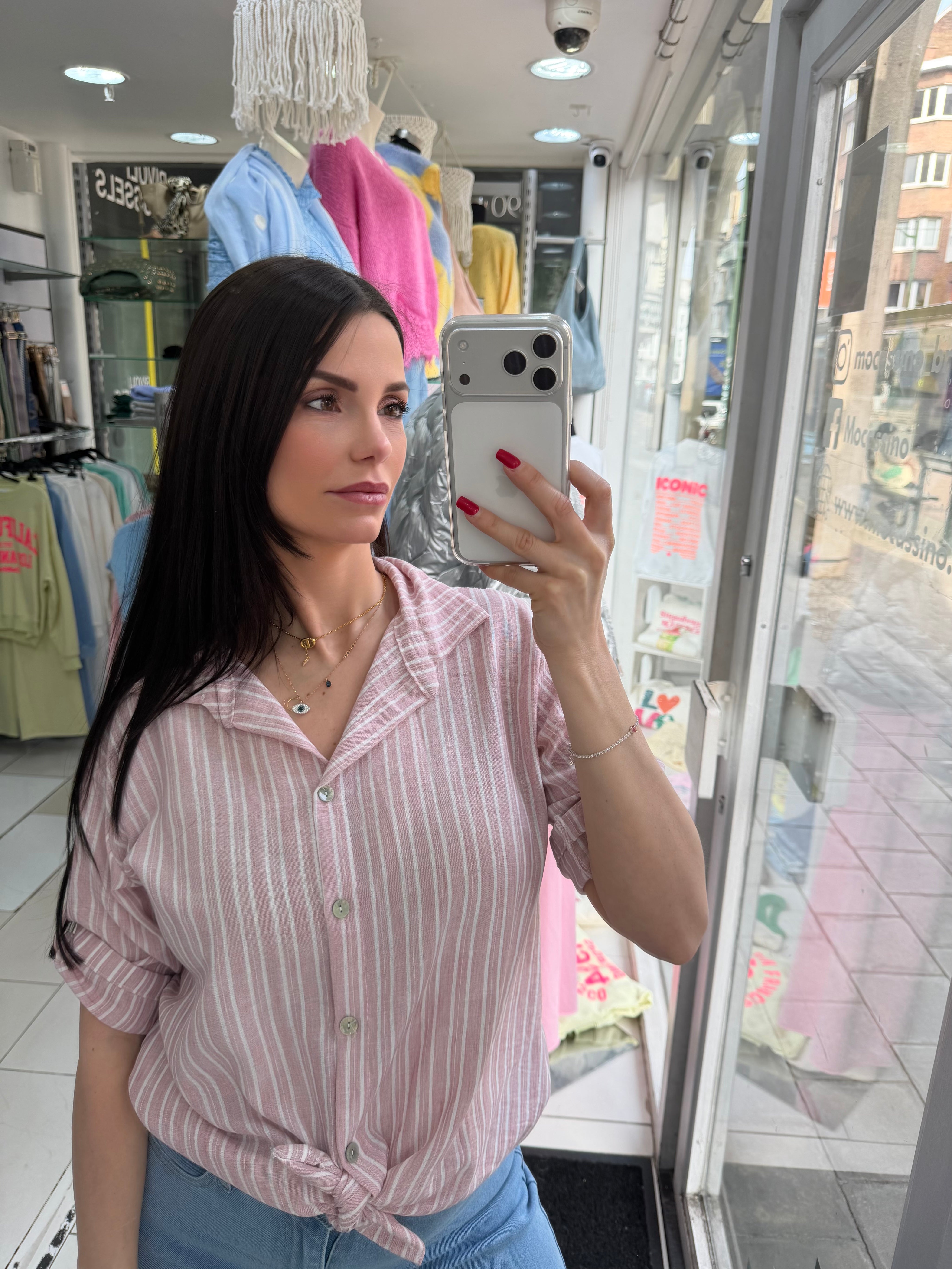 Chemise rayure dentelle - rose