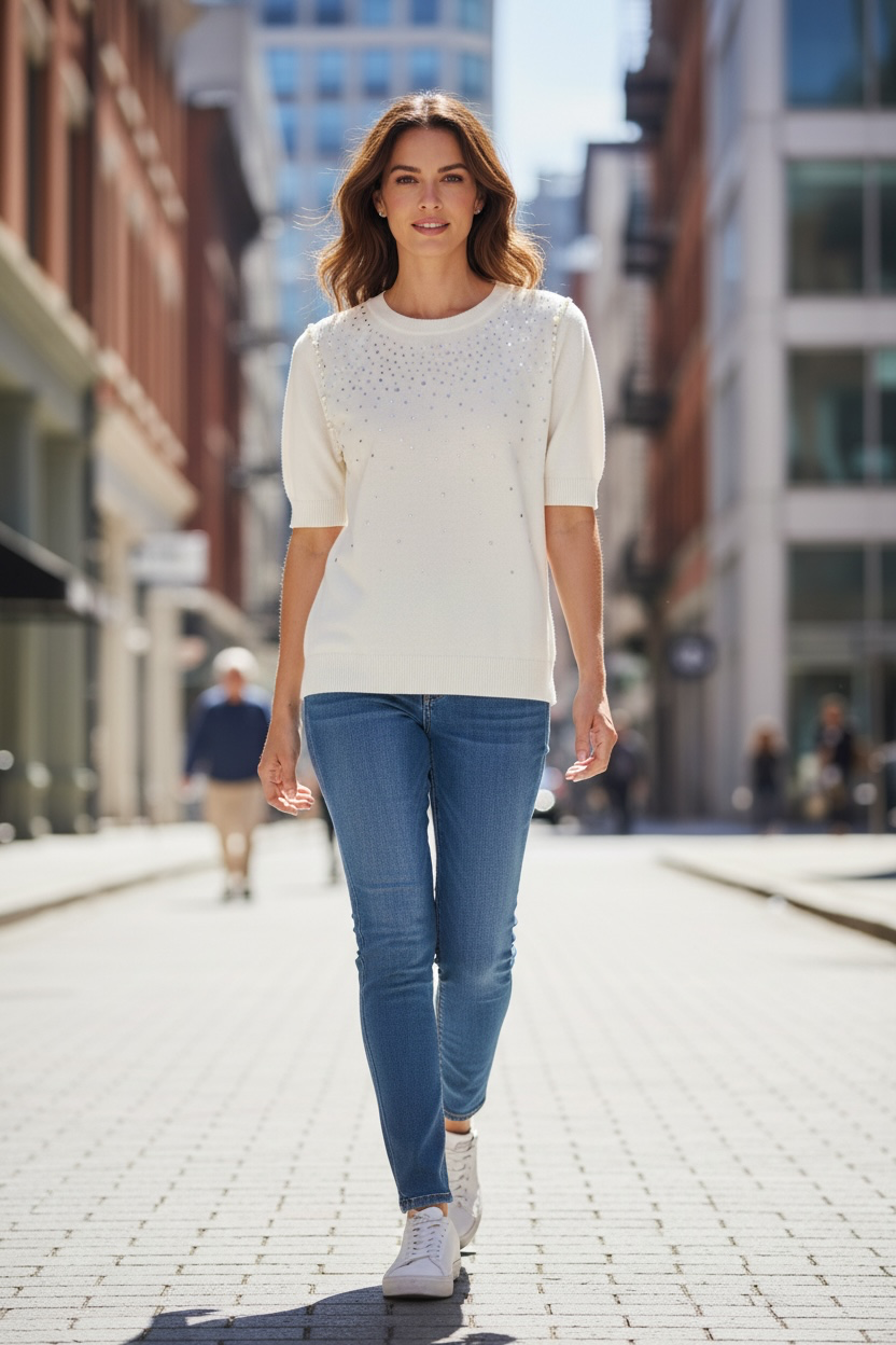 Pull strass & perles - blanc