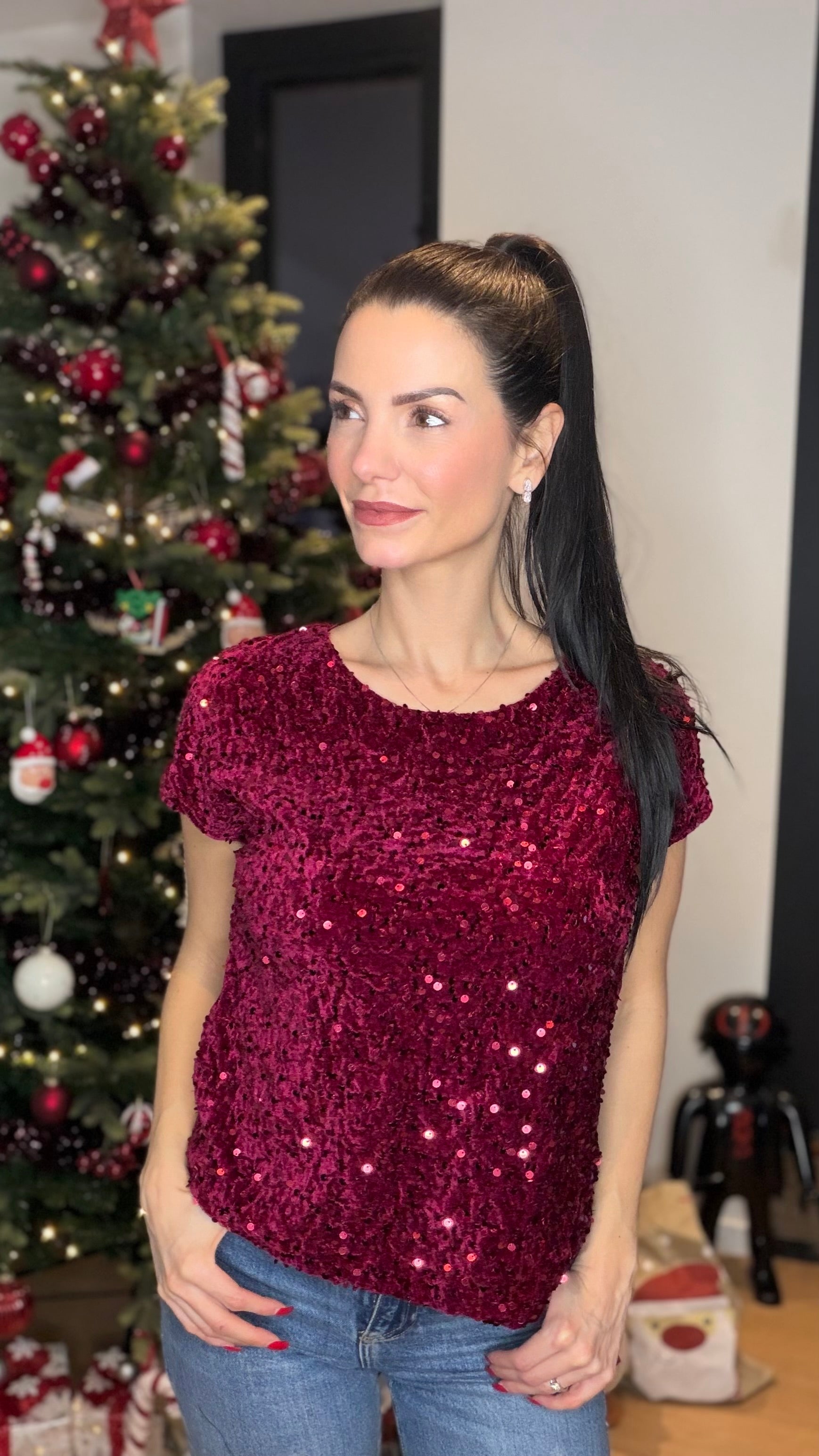 T-shirt velours sequins - bordeaux