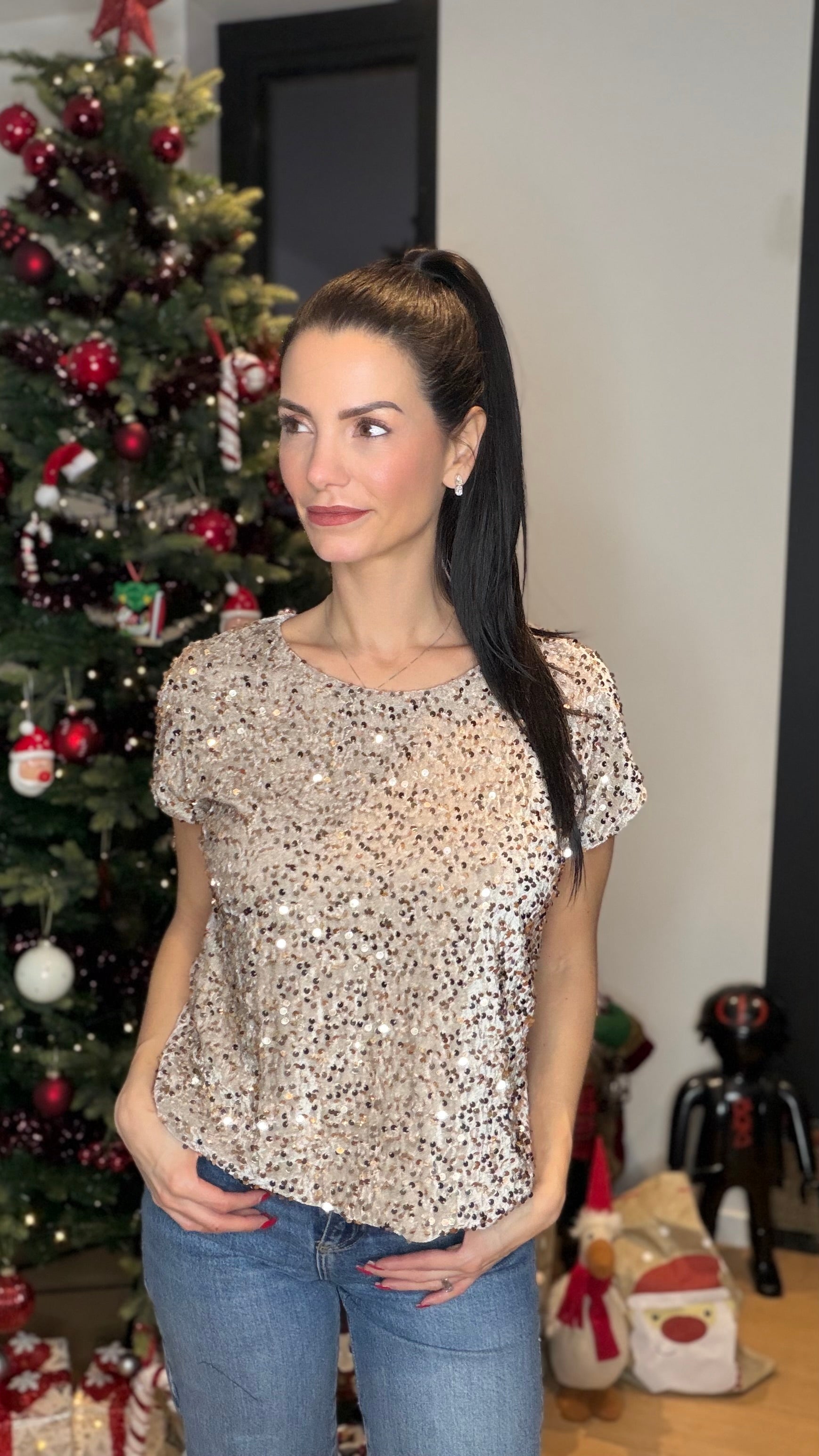 T-shirt velours sequins - beige