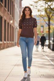 Pull perles dorée - chocolat
