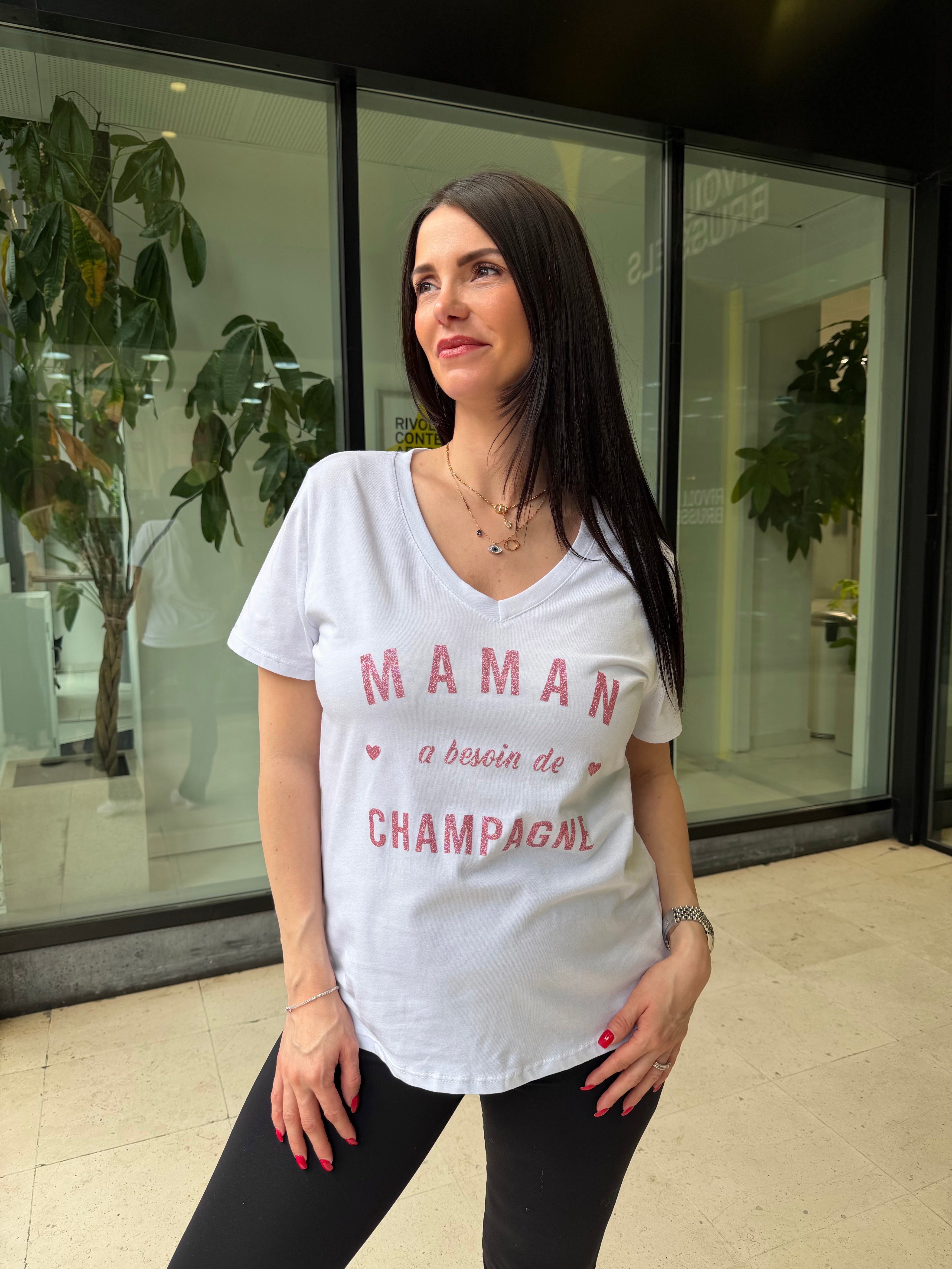 T-shirt « maman a besoin de champagne » rose
