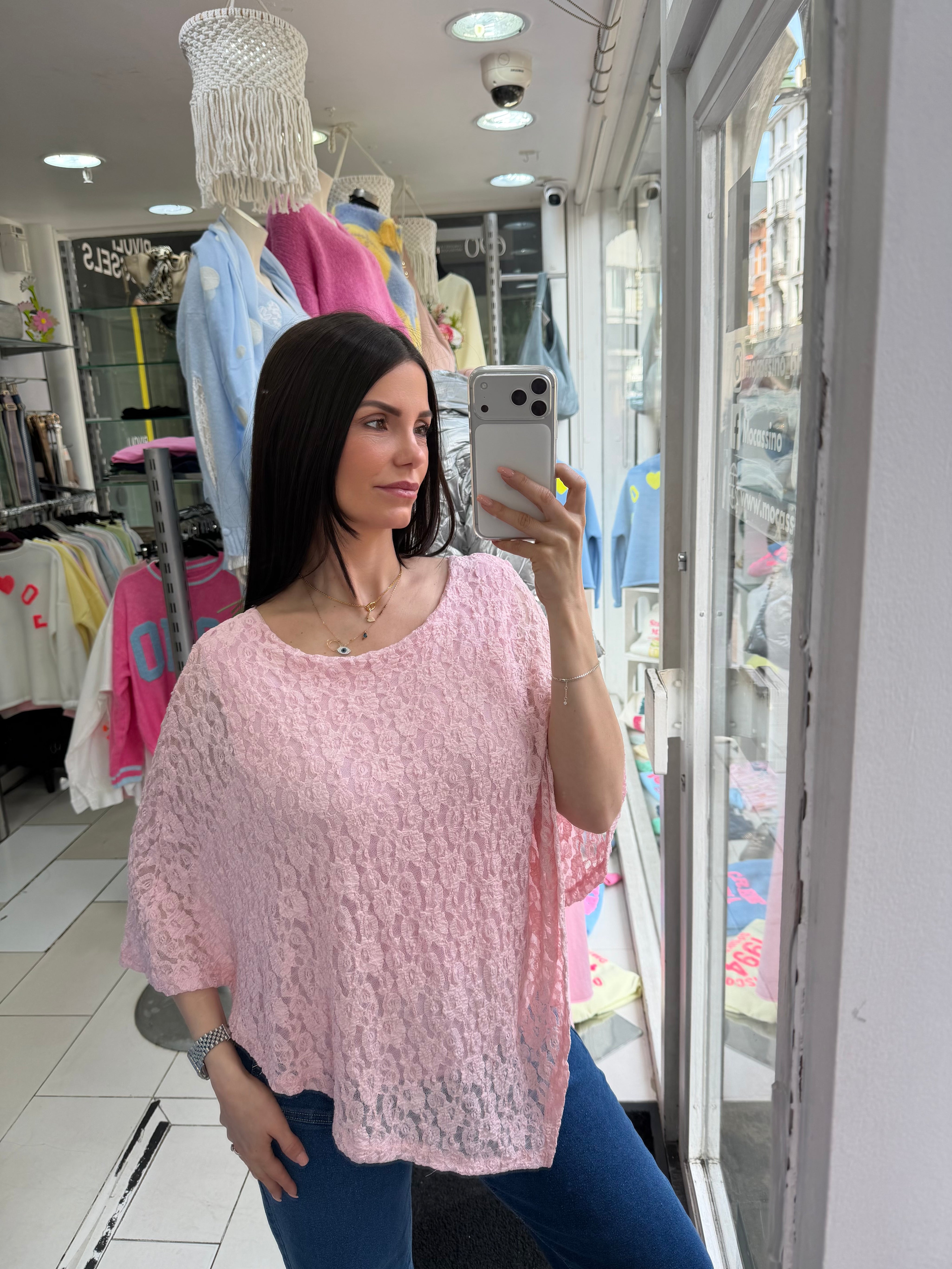 Blouse poncho dentelle - rose