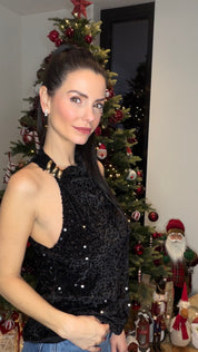 Top halter velours - noir