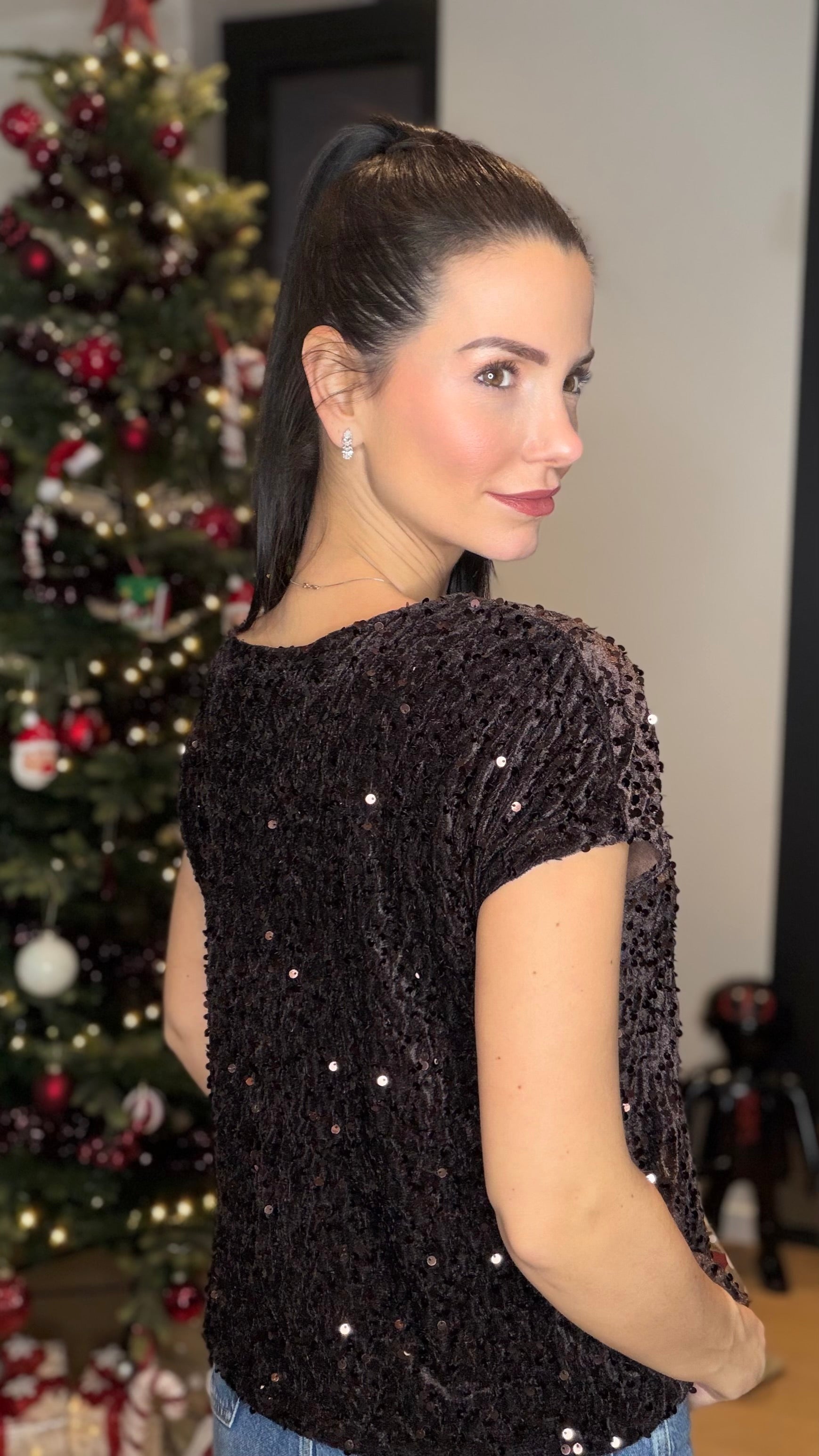 T-shirt velours sequins - Brun