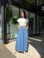 Jupe longue fluide en denim léger – Ceinture incluse