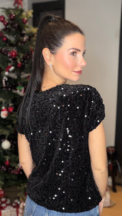 T-shirt velours sequins - noir