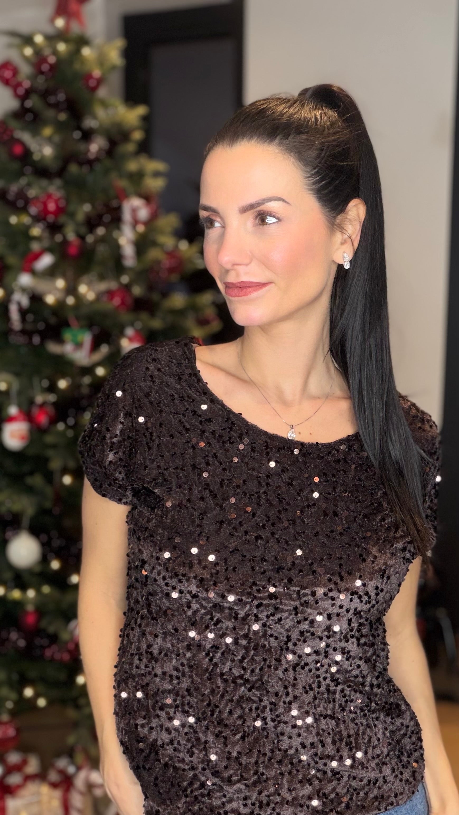 T-shirt velours sequins - Brun