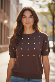 Pull perles dorée - chocolat