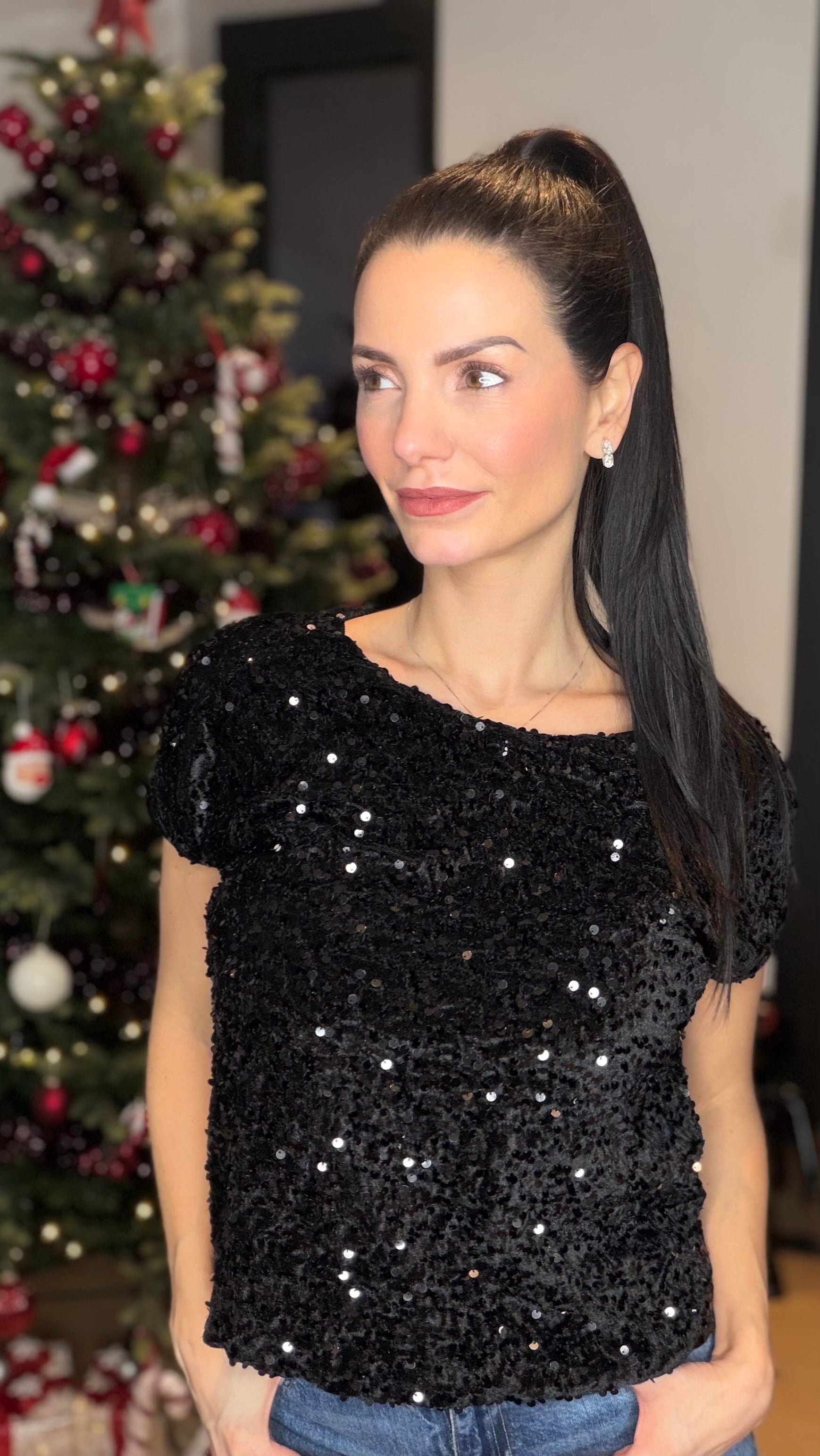 T-shirt velours sequins - noir