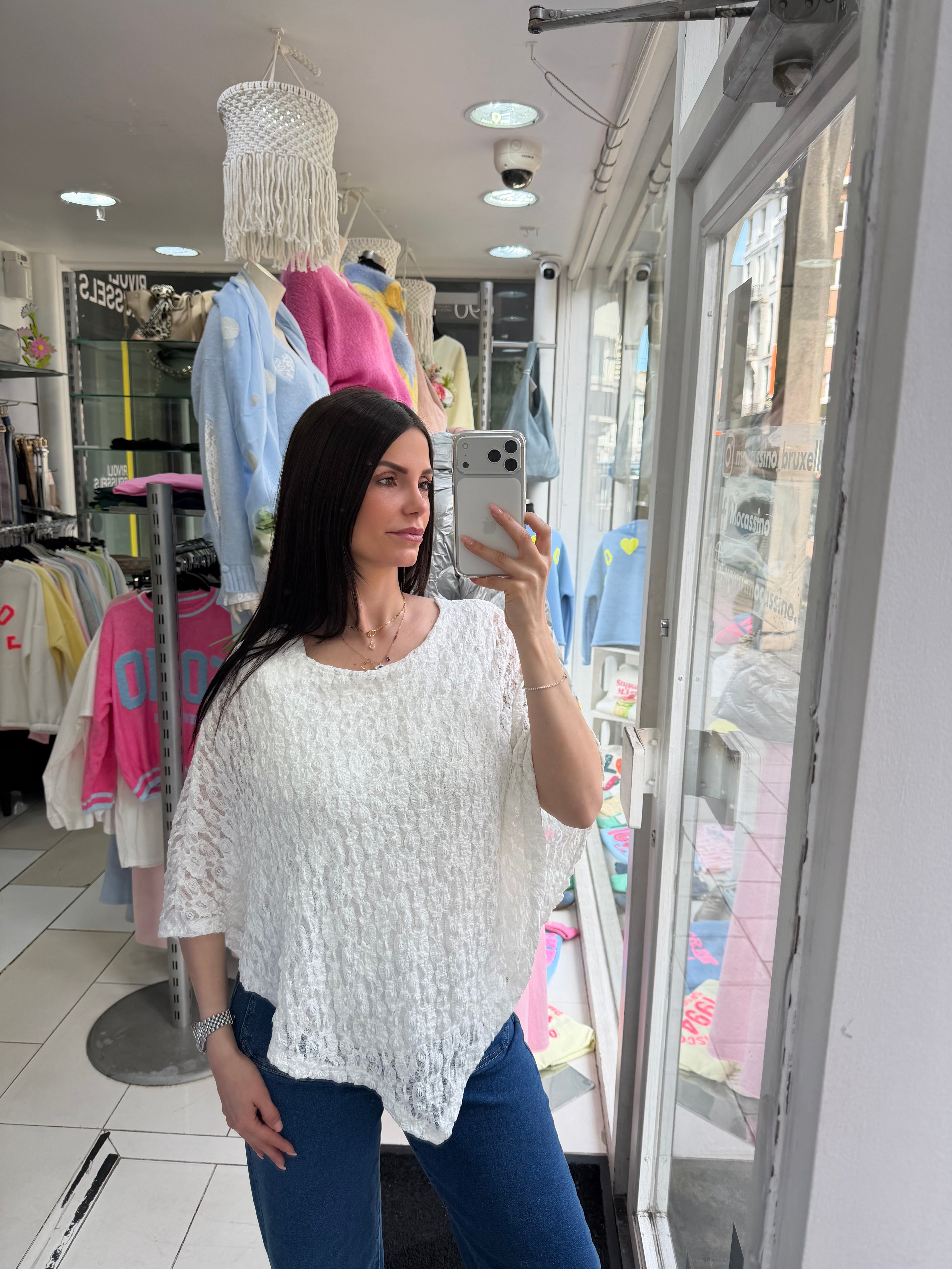 Blouse poncho dentelle - blanc