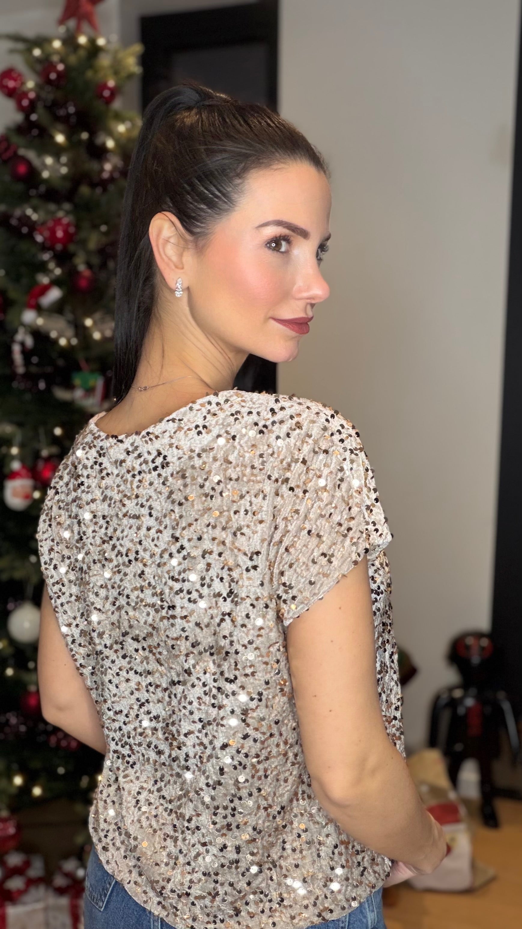 T-shirt velours sequins - beige