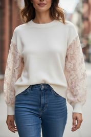 Pull manches dentelle rose