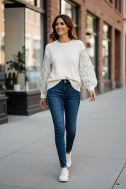Pull manches dentelle vert