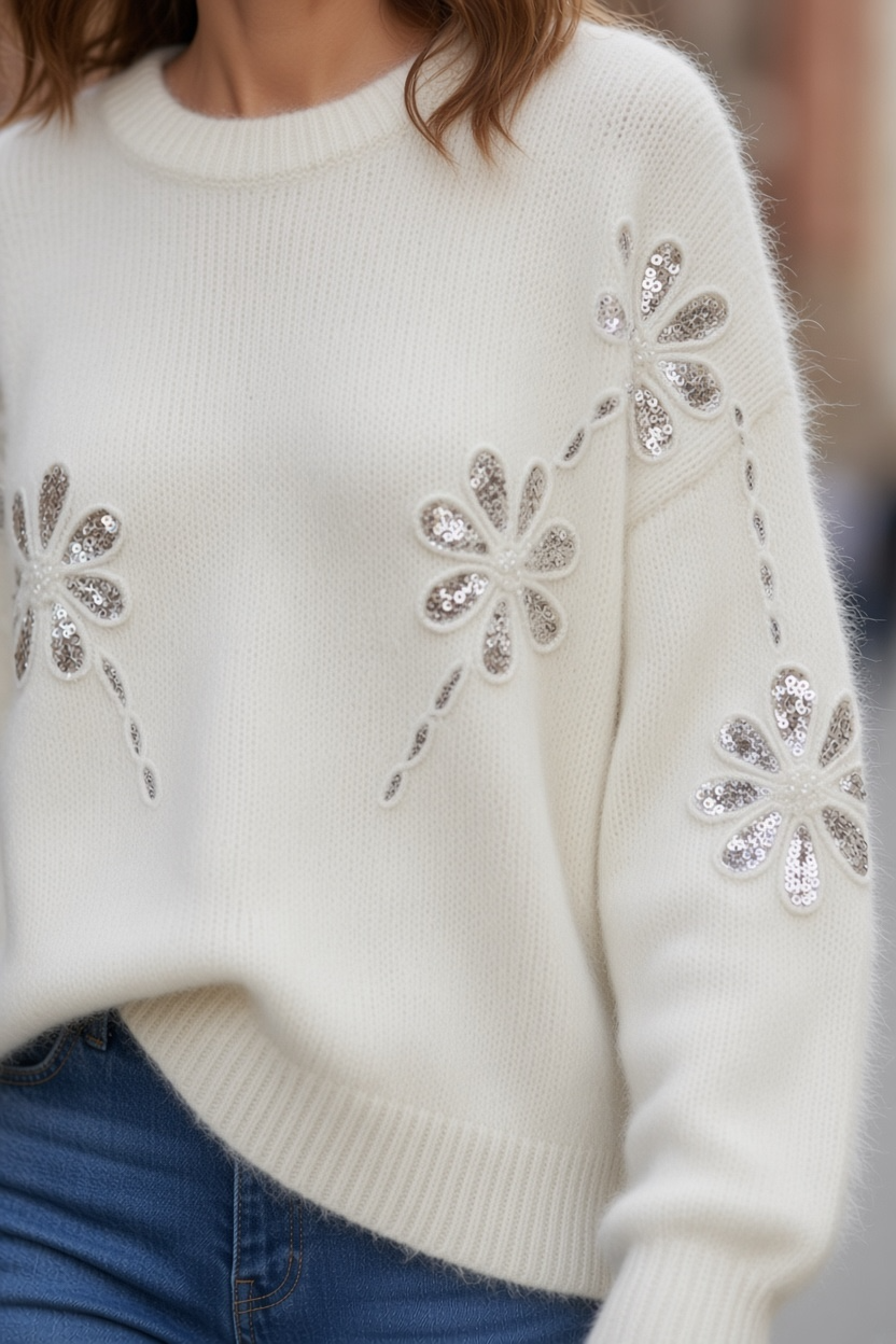 Pull fleurs à sequins - écru
