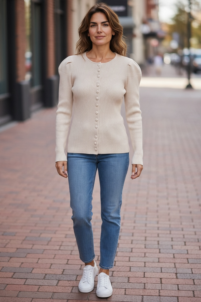 Pull boutonné à épaules froncées