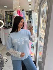 Pull NY en dentelle - bleu