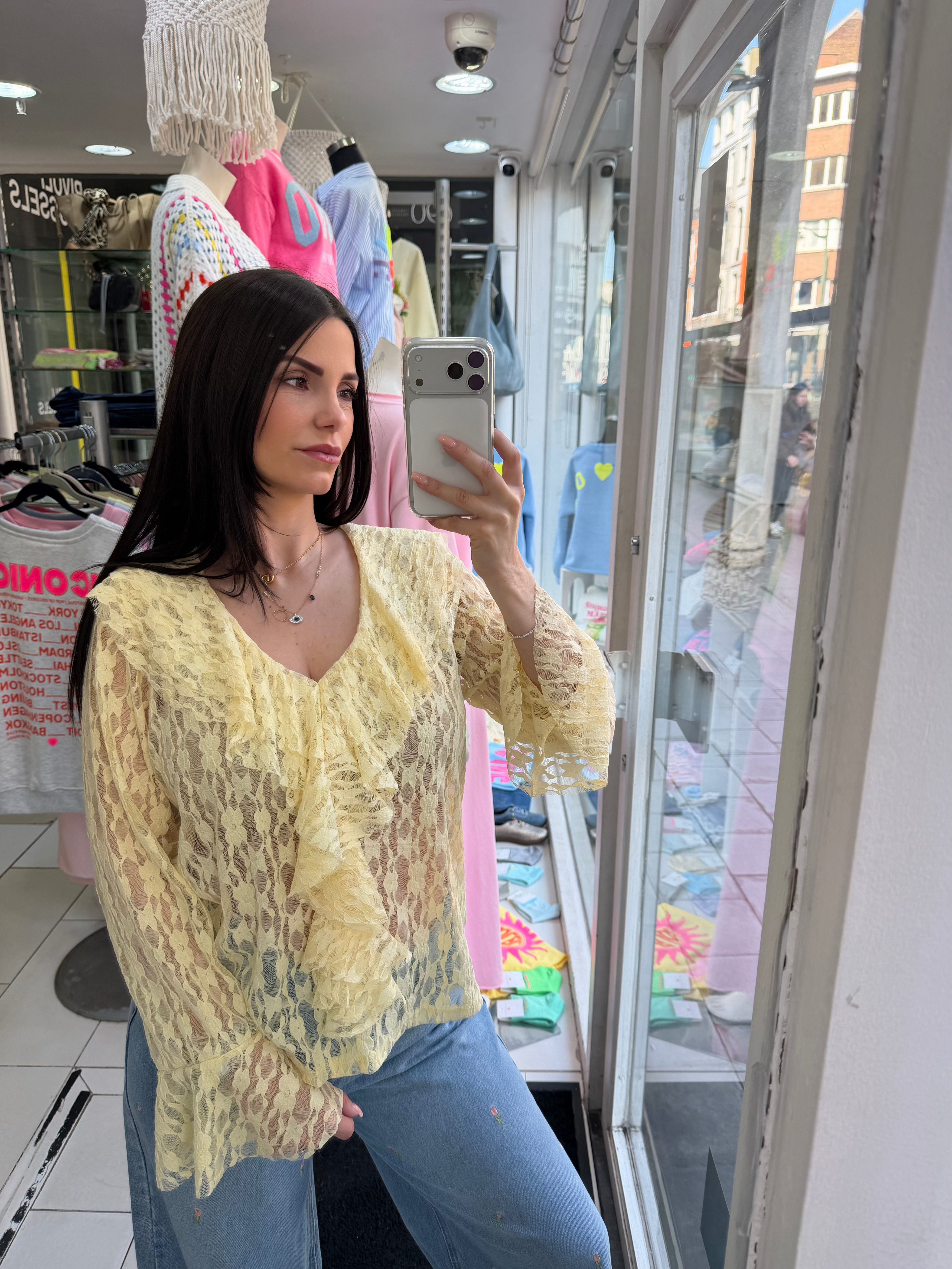 Blouse dentelle à volants - jaune