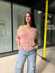 Pull multicolore col V - rose